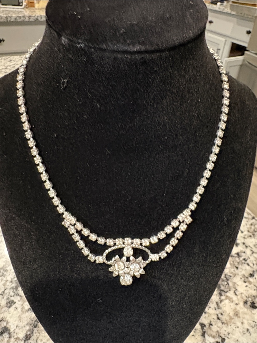 Crystal Floral Double-Row Necklace - Silver Tone Vintage